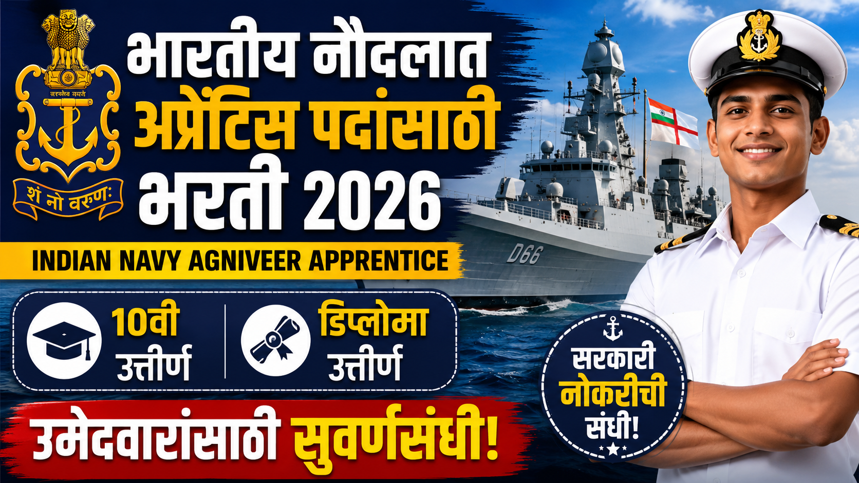 Indian Navy Agniveer Apprentice Bharti 2026 : भारतीय नौदलात अप्रेंटिस पदांसाठी भरती; 10वी व डिप्लोमा उत्तीर्ण उमेदवारांसाठी सुवर्णसंधी! Indian Navy Agniveer Apprentice Bharti 2026